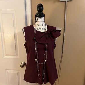 Theory Women's Sleeveless Bow Front Stretch Cotton Blouse Top - Deep Burgundy -L